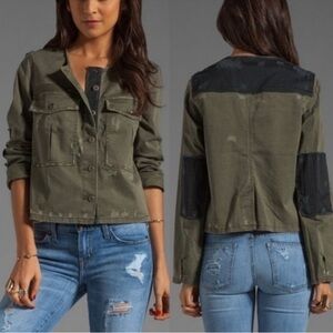 Free People Lou Denim Cropped Olive Green MilitaryJacket with Dark Patch Details